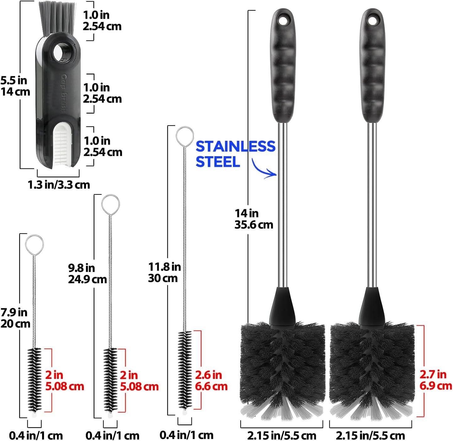 6-Pack Stainless Steel Bottle Brush Set with Long Handle and 3 Straw Brushes