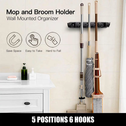 Wall-Mounted Mop and Broom Holder with Hooks - Heavy Duty Plastic Organizer for Home Cleaning Supplies