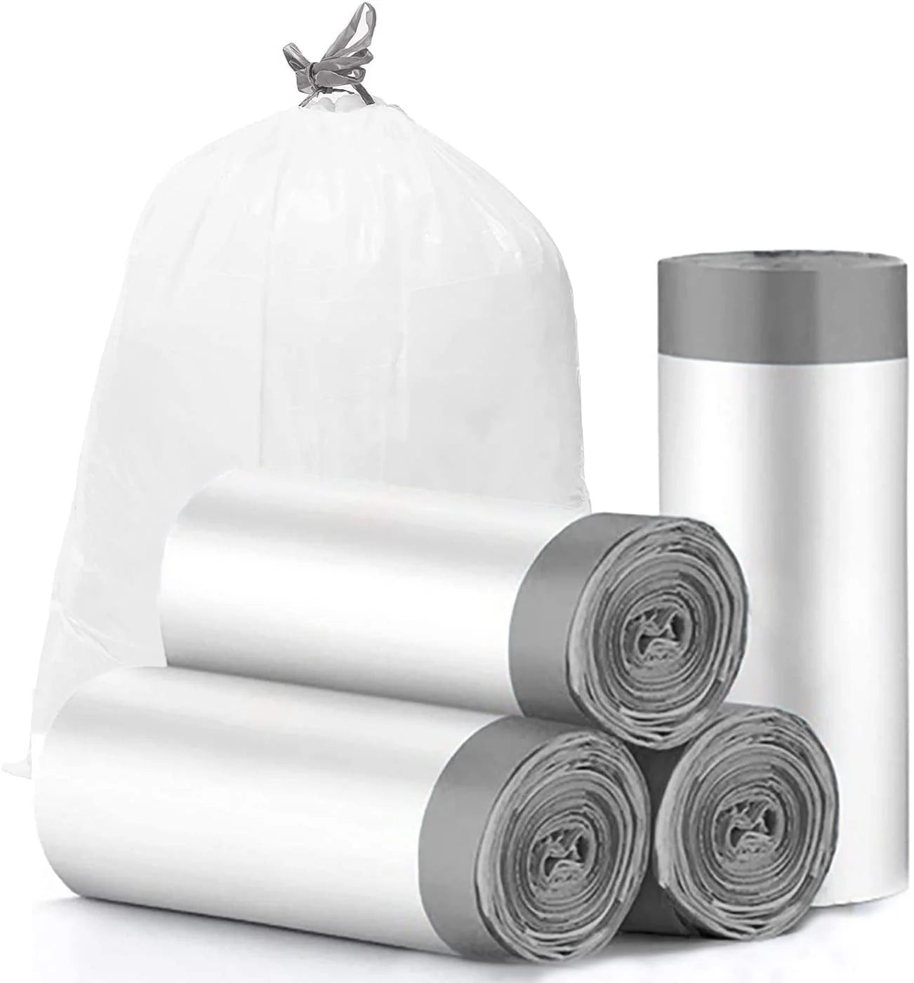 "60-Pack Small Drawstring Trash Bags - 4 Gallon (15 Liter), Grey Liner, Unscented"