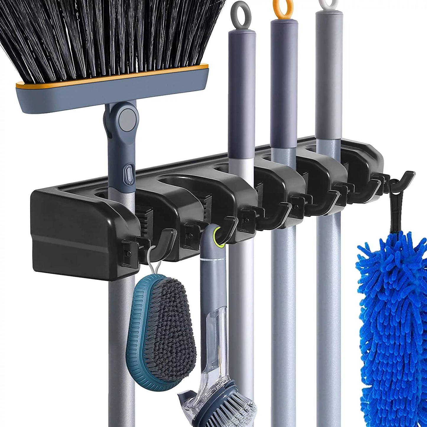 Wall-Mounted Mop and Broom Holder with Hooks - Heavy Duty Plastic Organizer for Home Cleaning Supplies