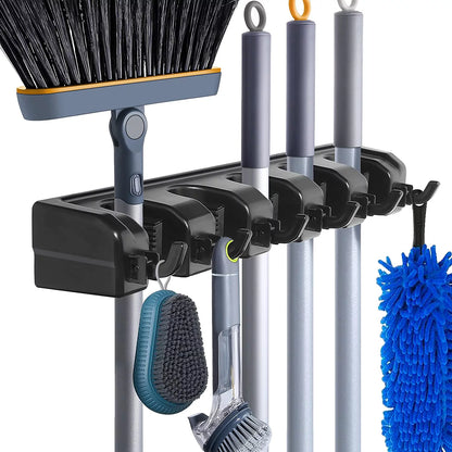 Wall-Mounted Mop and Broom Holder with Hooks - Heavy Duty Plastic Organizer for Home Cleaning Supplies