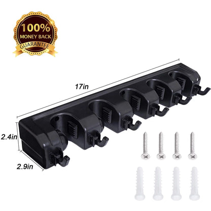 Wall-Mounted Mop and Broom Holder with Hooks - Heavy Duty Plastic Organizer for Home Cleaning Supplies