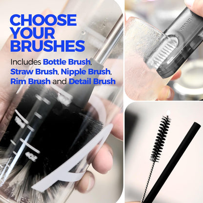 6-Pack Stainless Steel Bottle Brush Set with Long Handle and 3 Straw Brushes