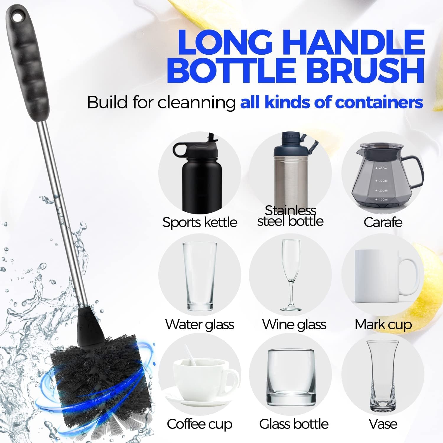 6-Pack Stainless Steel Bottle Brush Set with Long Handle and 3 Straw Brushes