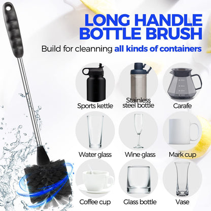 6-Pack Stainless Steel Bottle Brush Set with Long Handle and 3 Straw Brushes